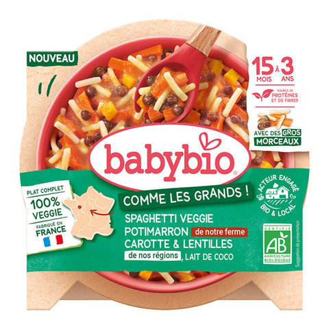 BABYBIO Spaghetti Veggie Potimarron de notre ferme Carotte Lentille de nos régions & Lait de coco — 200 g
