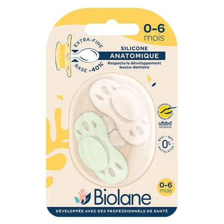 Biolane 2 Sucettes 0-6 mois Vert et Beige Base extra-fine et téterelle réversible