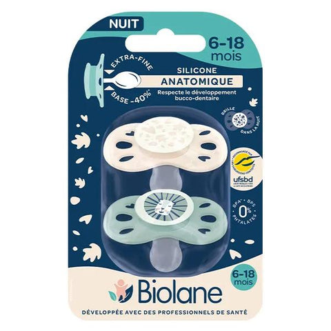 Biolane 2 Sucettes collection nuit 0-6 mois Vert et Beige Base extra-fine et téterelle réversible