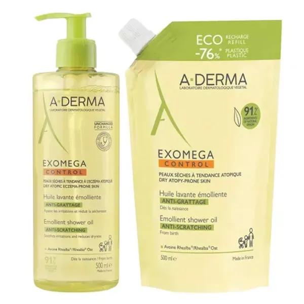 A-Derma Exomega Control Huile lavante émolliente anti-grattage 500ml + éco-recharge 500ml