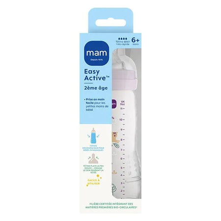 MAM Biberon Easy Active 2ème âge "Décoré" Lilas Tétine Débit X (330 ml)