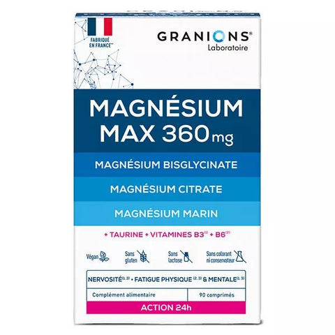 Granions Magnésium Max 360 mg Réduit le Stress, fatigue - Action 24h - 90 comprimés