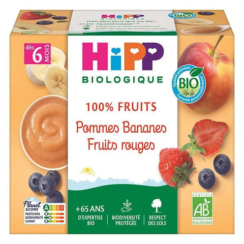Hipp Pommes Bananes Fruits rouges dès 6 mois Coupelles 4 x100g