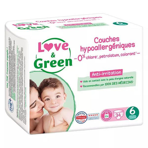 Love & Green Hypoallergenic Diapers Size 6, 15+ kg, 34 Count