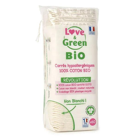 Love & Green Hygiène Bébé Coton Carré Bio 60 unités