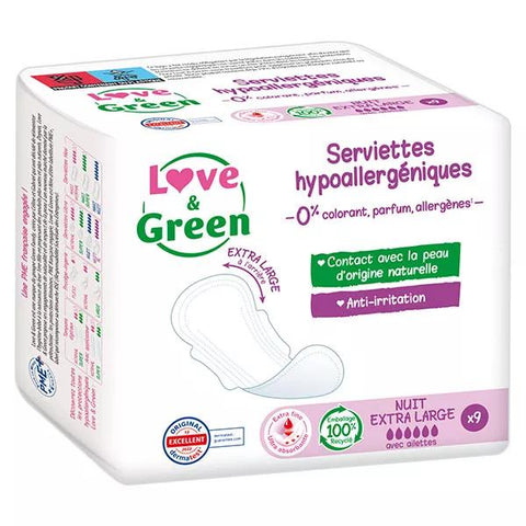Love & Green Serviette hygiénique féminine hypoallergénique Nuit Extra Large (9 unités)