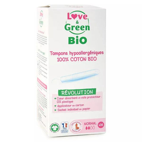 Love & Green Feminine Hygiene Hypoallergenic Tampon with Organic Normal Applicator 16 units