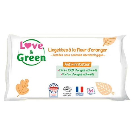 Love & Green Lingettes Hypoallergéniques à la Fleur d'Oranger 64 lingettes