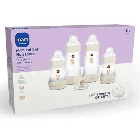 MAM Easy Start Anti Colique 1er Âge Coffret Naissance Sable - 4 Biberons + 1 Sucette + 1 Boîte Doseuse