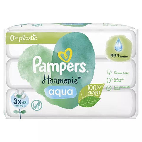 Pampers Harmonie Aqua wipes 0% plastic 100% plant-based fibers 99% water 3x48 wipes