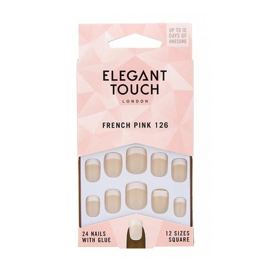 Elegant Touch Ongles French rose avec colle, carrés (24 pièces)