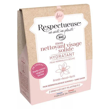 Respectueuse Mon Nettoyant Visage Solide Hydratant Bio 35g + Porte-Savon Végétal Offert
