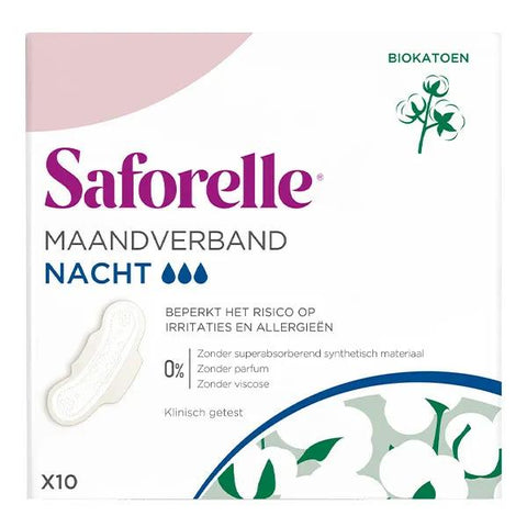 Saforelle Organic Cotton Night Sanitary Pads with Wings 10 units