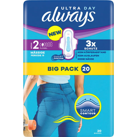 always Ultra serviettes Day Long 2 avec ailes, grand paquet, 20 pièces