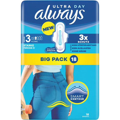 Always Ultra Day Long Plus 3 avec ailes, grand paquet (18 pièces)