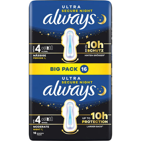 always Ultra serviettes Secure Night 4 avec ailes, grand paquet (16 pièces)