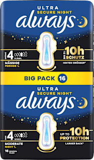 always Ultra serviettes Secure Night 4 avec ailes, grand paquet (16 pièces)