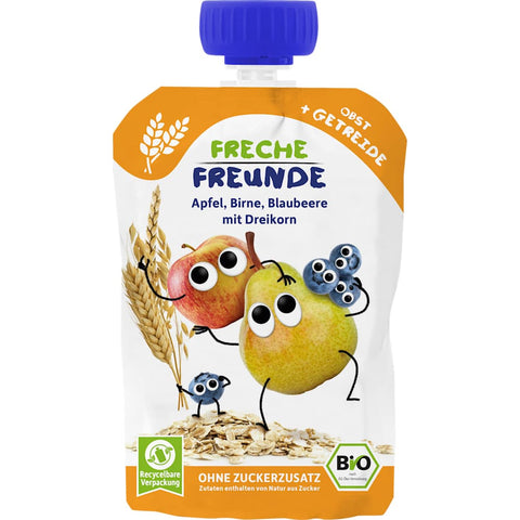 Freche Freunde Quetschie pomme, poire, myrtille avec trois céréales dès 6 mois (100 g)