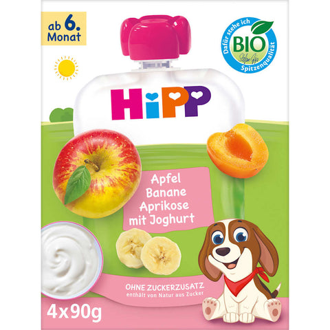 HiPP Quetschie Pomme Banane Abricot au yaourt dès 6 mois (4x90 g), 360 g
