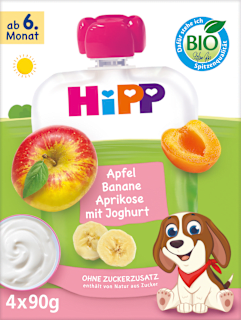 HiPP Quetschie Pomme Banane Abricot au yaourt dès 6 mois (4x90 g), 360 g