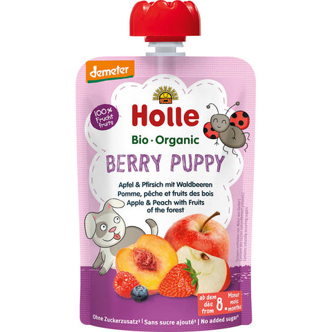 Holle purée Berry Puppy, pomme & pêche aux fruits des bois dès 8 mois (100 g)