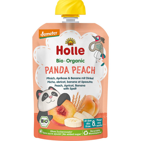 Holle Pochette Panda Peach pêche, abricot, banane avec épeautre dès 8 mois (100 g)