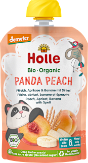 Holle Pochette Panda Peach pêche, abricot, banane avec épeautre dès 8 mois (100 g)
