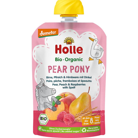 Holle Purée en sachet Pear Pony, poire, pêche & framboise avec épeautre (100 g)