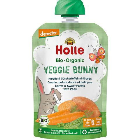 Holle Sachet pressable Veggie Bunny, carotte, patate douce aux petits pois, dès 6 mois (100 g)