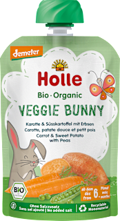 Holle Sachet pressable Veggie Bunny, carotte, patate douce aux petits pois, dès 6 mois (100 g)