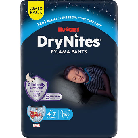 HUGGIES DryNites Pyjama Pants for boys (4-7 years), Jumbopack (16 pieces)