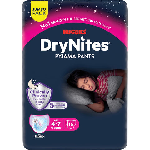 HUGGIES DryNites Pyjama Pants for girls 4-7 years, Jumbopack, 16 pieces