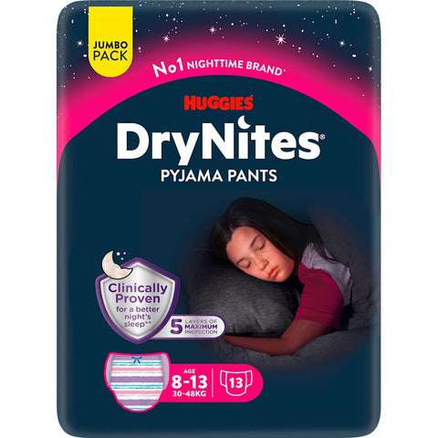 HUGGIES DryNites Pyjama Pants for girls 8-13 years, mega pack, 13 pieces