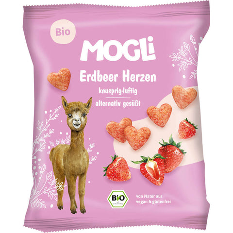 MOGLi Snack pour enfants cœurs à la fraise dès 3 ans (30 g)