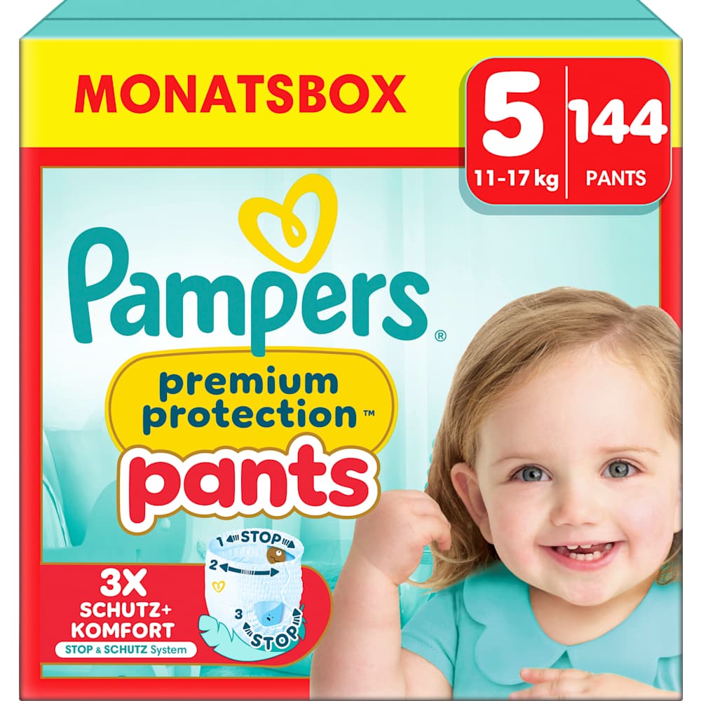 Pampers premium protection culottes bébé Taille 5 Junior (11-17 kg) boîte mensuelle (144 pièces)