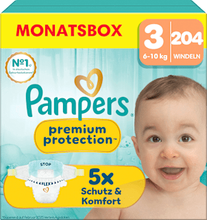 Pampers premium protection couches taille 3 Midi (6-10 kg) coffret mensuel, 204 pièces