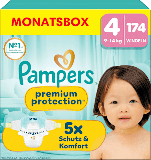 Pampers premium protection couches Taille 4 Maxi (9-14 kg), boîte mensuelle (174 pièces)