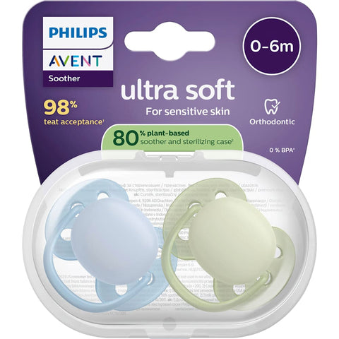 Philips Avent ultra soft silicone pacifier, blue/green, 0-6 months (2 pieces)