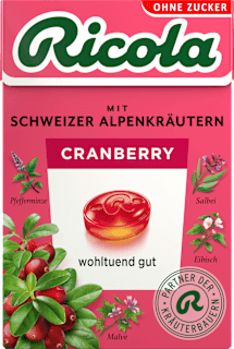 Ricola Bonbon Cranberry sans sucre, en boîte de poche (50 g)