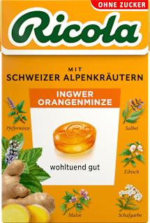 Ricola Bonbon gingembre et menthe orange, sans sucre, en boîte de poche (50 g)